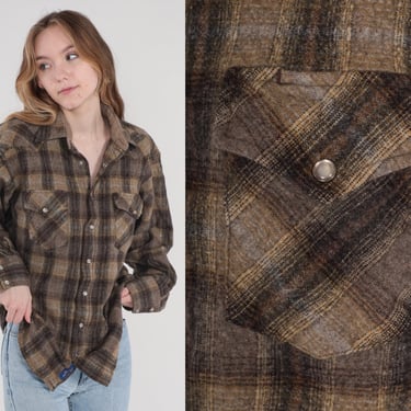 Wool Pendleton Shirt 90s Brown Plaid Button Up Pearl Snap Western Lumberjack Boyfriend Flannel Long Sleeve Retro Vintage 1990s Mens XL Long 