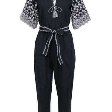 Ulla Johnson - Black Short Sleeve Jumpsuit w/ Embroidered Sleeves Sz 4