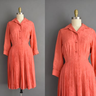 1950s Vintage Dress | Apricot Pink Silk Dynasty Pleated Full Skirt Shirt Dress | Small Medium 