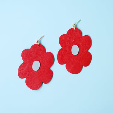 Giant Abstract Poppy Earrings in Red- Lightweight Colourful Reclaimed Leather Flower Statement Earrings 