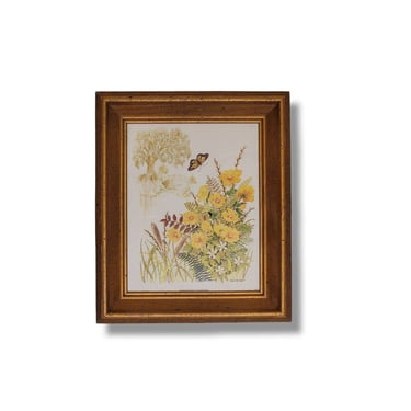 1970s Vintage Scenic Florals Art Lithograph, Gloria Eriksen Wall Hanging, Butterfly & Wildflowers Gold Framed Litho, Boho Retro Home Decor 