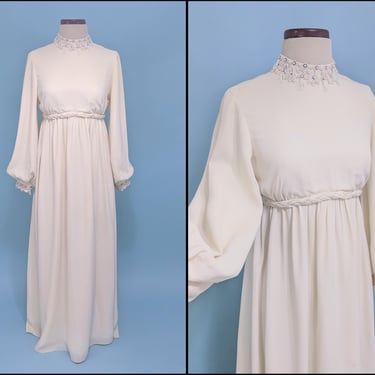Vintage 1960s Emma Domb Ivory Wedding Dress, Vintage 60s Long Sleeve Mod Evening Gown 