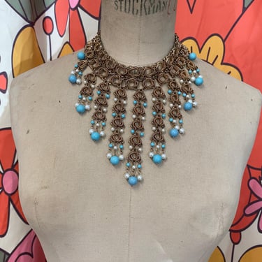 vintage bib necklace statement jewelry gold braided turquiose beads bollywood 