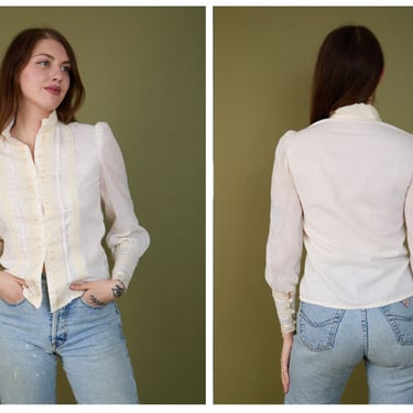 Vintage 1970s 70s Buttercream Cotton Long Sleeve Prairie Button Up Blouse w/ Puff Bishop Sleeves 