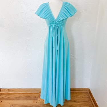70s Sky Blue Flutter Sleeve Maxi Disco Dress | Small 