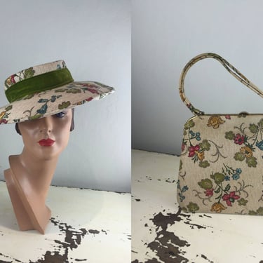 Antiquated Gardens - Vintage 1950s 1960s Matching Floral Wide Brim Hat & Handbag 