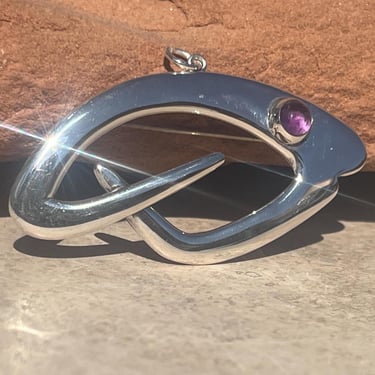 Vintage Taxco Sterling Silver Midcentury Modern MCM Fish Pendant / Pin / Brooch with Amethyst Stone Eye c. 1950s 