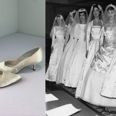 Lines of Brides - Vintage 1950s 1960s White Ivory Satin Pumps Shoes Heels - 8 1/2AA 