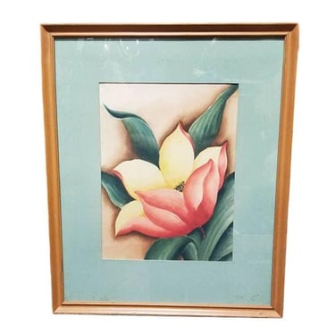 Framed Airbrush on Paper Hibiscus Tropical Floral by Jane Boyd, 1948 