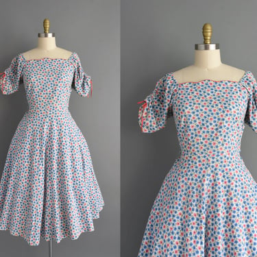 1950s vintage dress | Adorable Pink & Blue Floral Print Cotton Full Skirt Summer Dress | Medium | 50s dress 