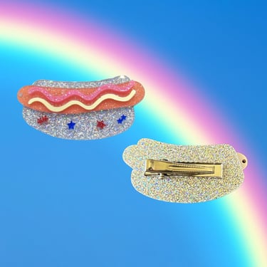 Hot Dog Hair Clip Glitter Acrylic Food Summer BBQ Patriotic Barrette Clip 