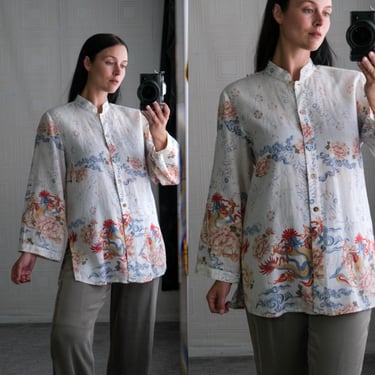 Vintage 90s CITRON Santa Monica White Linen Mandarin Collar Blouse w/ Asian Blossom Garden & Ocean Print | 100% Linen | 1990s Designer Top 