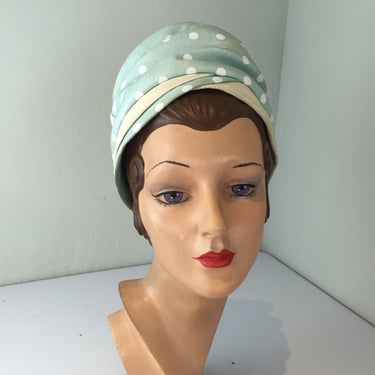 A Jolly Good Time - Vintage 1950s 1960s NOS Aqua Blue Pale Blue Polka Dot Turban Hat 