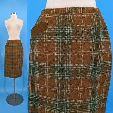 Vintage 50s XS Brown and Green Wool Plaid Pencil Skirt with Front Pocket 