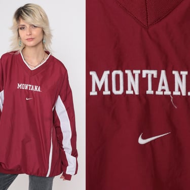 University of Montana Jacket 90s Nike Windbreaker Jacket Burgundy Striped Pullover Warm Up Nylon Shell Sportswear V Neck 1990s Vintage Large 