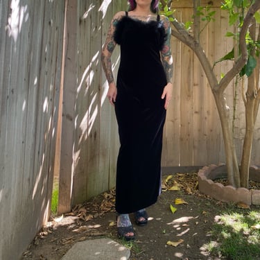 Vintage 1990’s Velvet and Feather Maxi Dress 