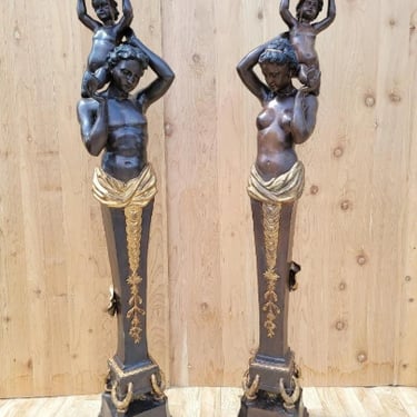 Antique French Monumental Gilt and Patinated Bronze Figural Electrified Torchiere Lamps - Pair
