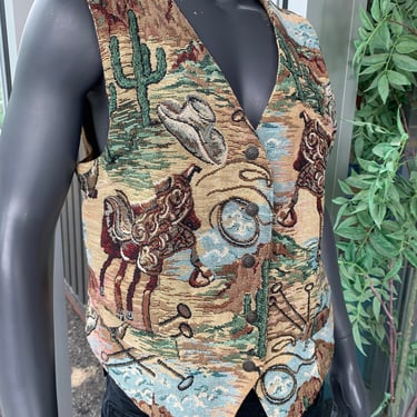 KAREN SCOTT Vintage Desert Tapestry Print Vest - Brown - Size L 