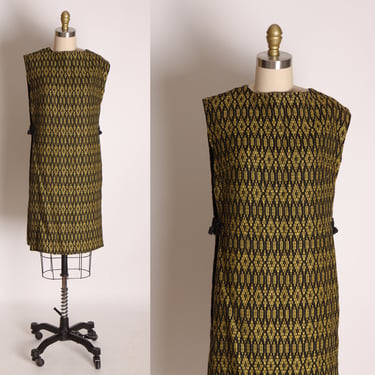 1960s Black and Yellow Geometric Print Sleeveless Pullover Tunic Dress Blouse -S 