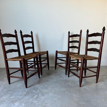 Vintage French Country Ladder Back Dining Chairs with Rush Seats - Set of Four 