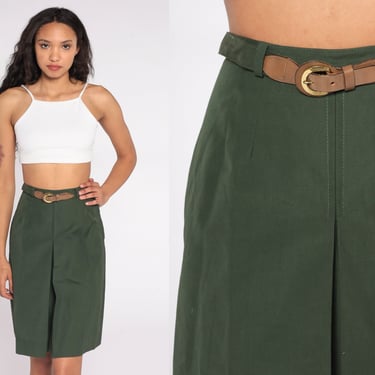 80s Culotte Shorts Olive Green Shorts Army Inspired Shorts Long Baggy Pleated Vintage Hipster High Waist Shorts Belted Shorts Extra Small xs 
