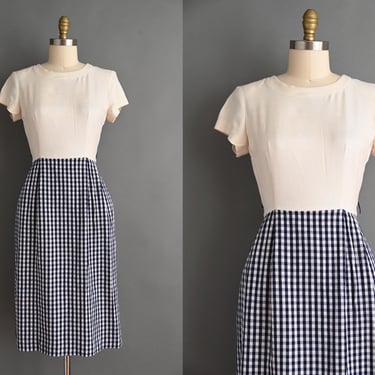 vintage 1960s Dress | Lanz Navy Blue Gingham Print Cotton Dress | Medium 