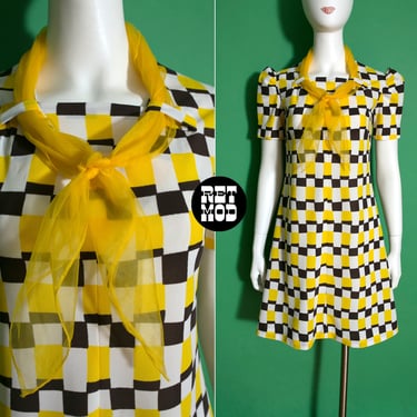 So Cool Vintage 60s 70s Yellow Black White Op Art Patterned Dress with Scarf 