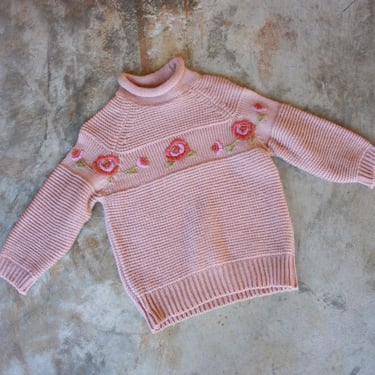 80s Pink Rolled Mock Neck Sweater with Flower Embroidery Size XS / S 