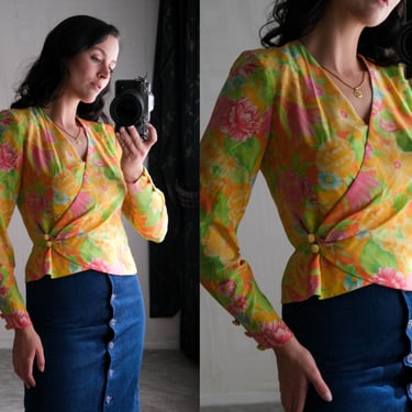 Vintage 80s William Pearson Neon Tropical Floral Silk Cropped Wrap Blouse | Made in USA | 100% Silk | 1980s Designer Silk Peplum Power Top 