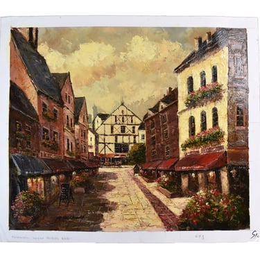Impressionist Oil Painting Empty Parisian Street Scene with Flowers 