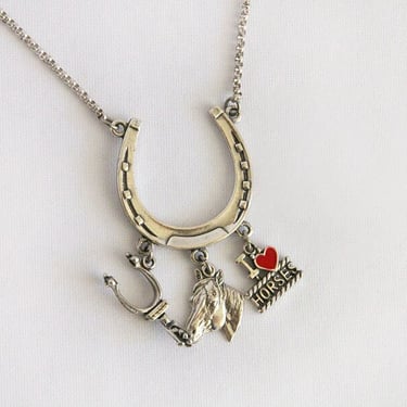 Vintage 925 Lucky Horseshoe Large Pendant Necklace with Dangling Charms - Equestrian Theme Horse Made in USA Sterling Silver Jewelry 