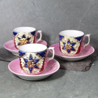 German Pink Molded Pink Lustreware Cups & Saucers Set of 3 | Ornate Star of David Flower Antique Gold Pink Lusterware | Bixley Shop 