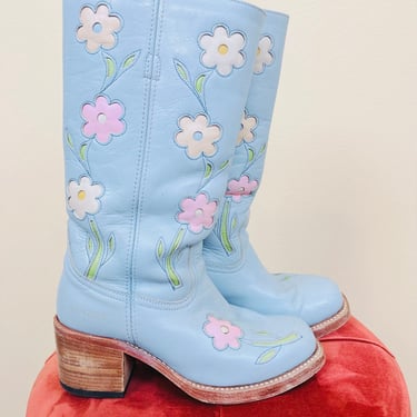 Sendra Boots Baby Blue Pastel Floral Boot / Flower Power Western Platform Heeled Boots / Size 8 / 39 