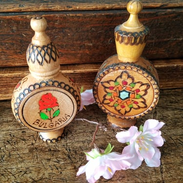 2 Vintage Wood Perfume Flasks BULGARIA~ Hand Carved & Painted Wood~ Small Perfume Bottles~JewelsandMetals 