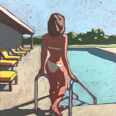 Pool #138 - Original Acrylic Painting on Canvas 16 x 20, michael van, sky, clouds, mid century modern, retro, blue, woman, bathing, swimming 