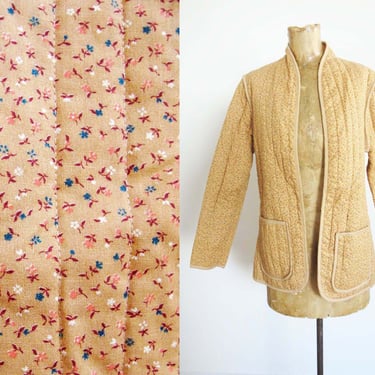 Vintage 70s Quilted Floral Reversible Jacket S - Tan Brown Reversible Buttonless Prairie Boho Cotton Womens Jacket - 1970s Clothing 