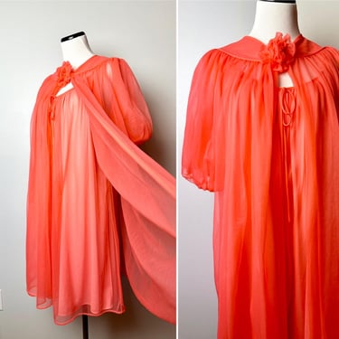 60’s sheer Orange nylon/chiffon style babydoll nighty-set 2 piece nightgown and robe~ laters~ Puff sleeves~ Halloween autumn~ size Med-lG 