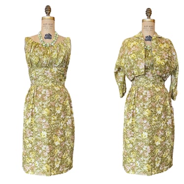 1950s dress set, yellow and green floral, vintage 50s dress, silk 2 piece, medium, mrs maisel style, rockabilly, bolero jacket, ruched, 28 