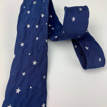 1950'S Star Patterned  Tie - Silver Embroidered Stars & Dots - Deep Blue Background - Interesting Crinkled Fabric 
