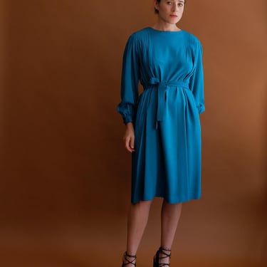 Vintage 80s Teal Silk Dress with Waist Tie/ Size Medium 