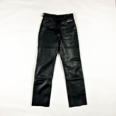 1990s Vintage Harley Davidson Black Leather High Waist Leather Pants / Motorcycle / Fitted / Extra Small / 24 Waist / Goth / Minimal / Mod 