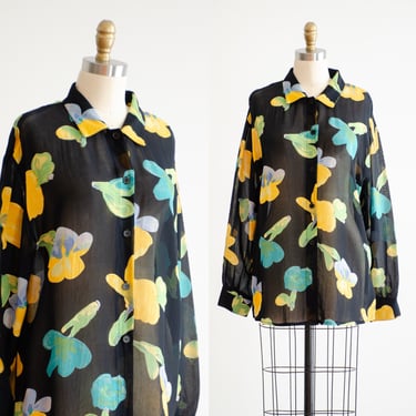 sheer floral shirt 90s vintage Barbara Gerwit black blue yellow floral oversized blouse 