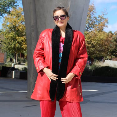 Vintage 1980s Braefair Leather Red Swing Coat, Large Women, black faux fur trim 