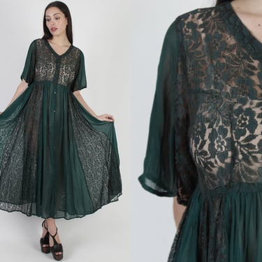 90s Forest Green Lace Grunge Dress, 1990s V Neck Button Up, Gypsy Sheer See Through Material, Goth Floral Womens A Line Maxi Dress 