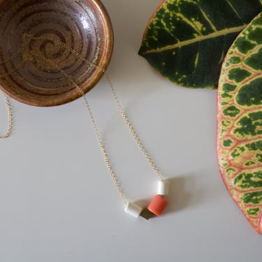 Coral Lucite, Ceramic, and Brass Beaded Necklace 
