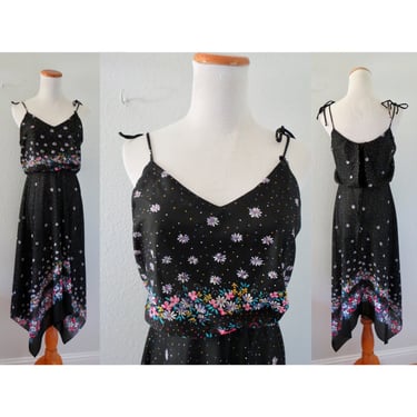 Vintage 70s Black Floral Dress Sheer Midi Boho Bohemian Handkerchief Hem - Size Medium 