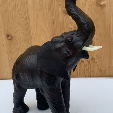 Vintage Leather Elephant Sculpture with Glass Eyes