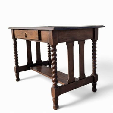 Antique Barley Twist Writing Desk – Solid Wood Desk with Drawer, Vintage English Traditional Office Table 