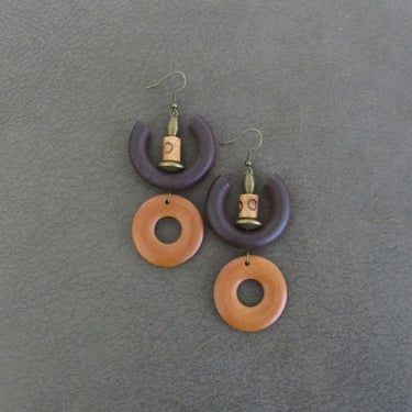 Earth tone wood earrings, Afrocentric African earrings, bold earrings, statement earrings, geometric earrings, rustic natural earrings 2 