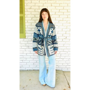 Echo Park Cardigan Sweater // vintage 70s knit hippie dress blouse hippy 1970s tunic space dye blue // O/S 